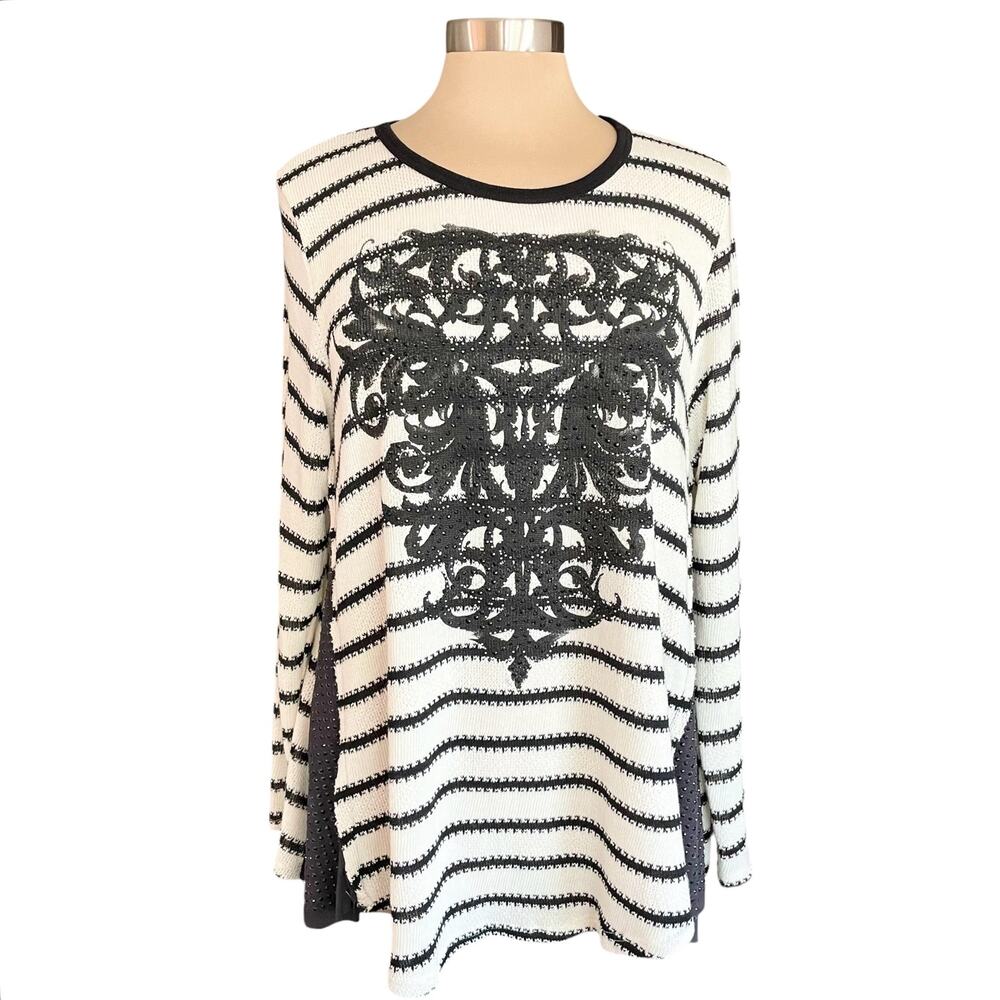 Vocal Black White Stripe Sweater Flourish Graphic‎ Rhinestone 1XL Western Bling
